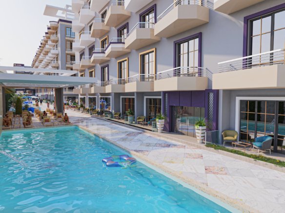 Luxury swimming pool at Lavanda surrounded by elegant architecture and a serene resort atmosphere.