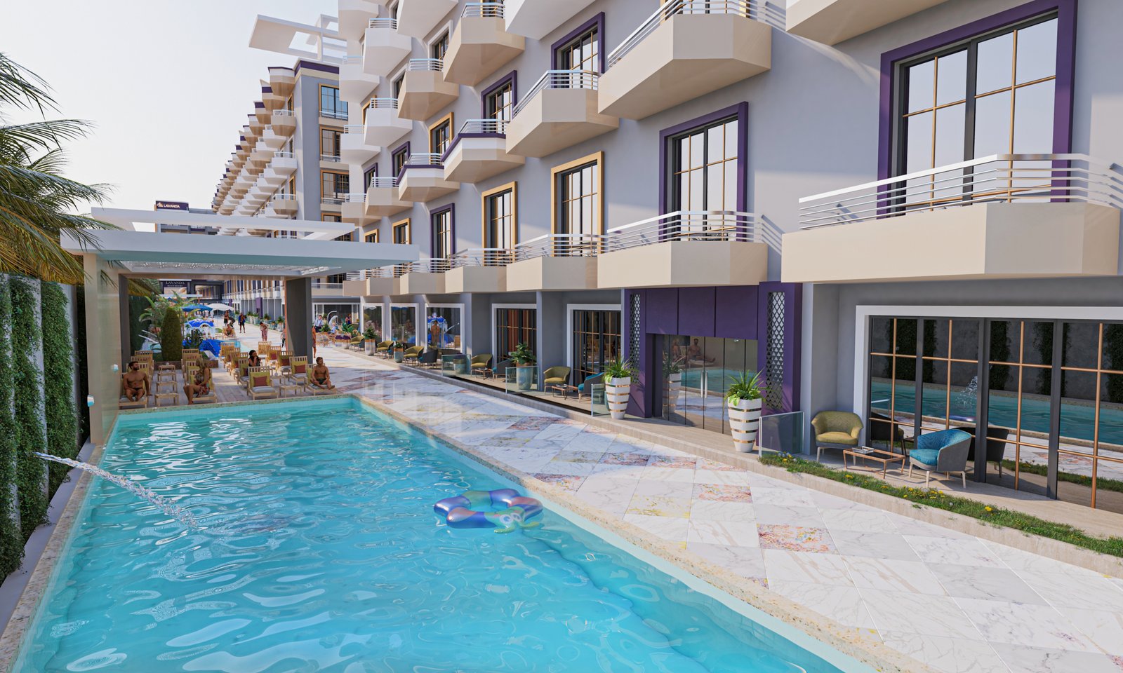 Luxury swimming pool at Lavanda surrounded by elegant architecture and a serene resort atmosphere.
