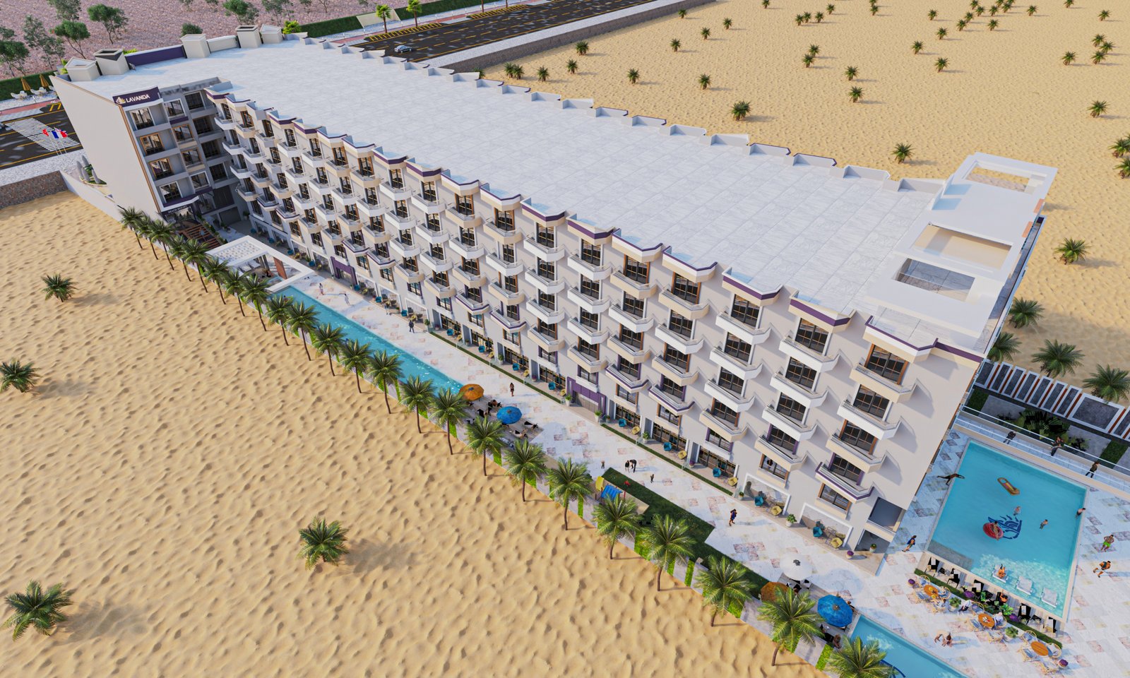 Front view of Lavanda showcasing elegant modern architecture with a luxurious resort-style design.