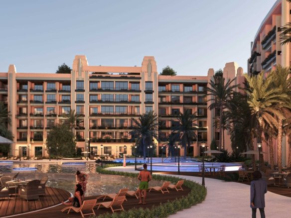 1BR apartment for sale in Atlantis Resort Hurghada Front view of Atlantis Hurghada with contemporary architecture and modern Red Sea resort design.