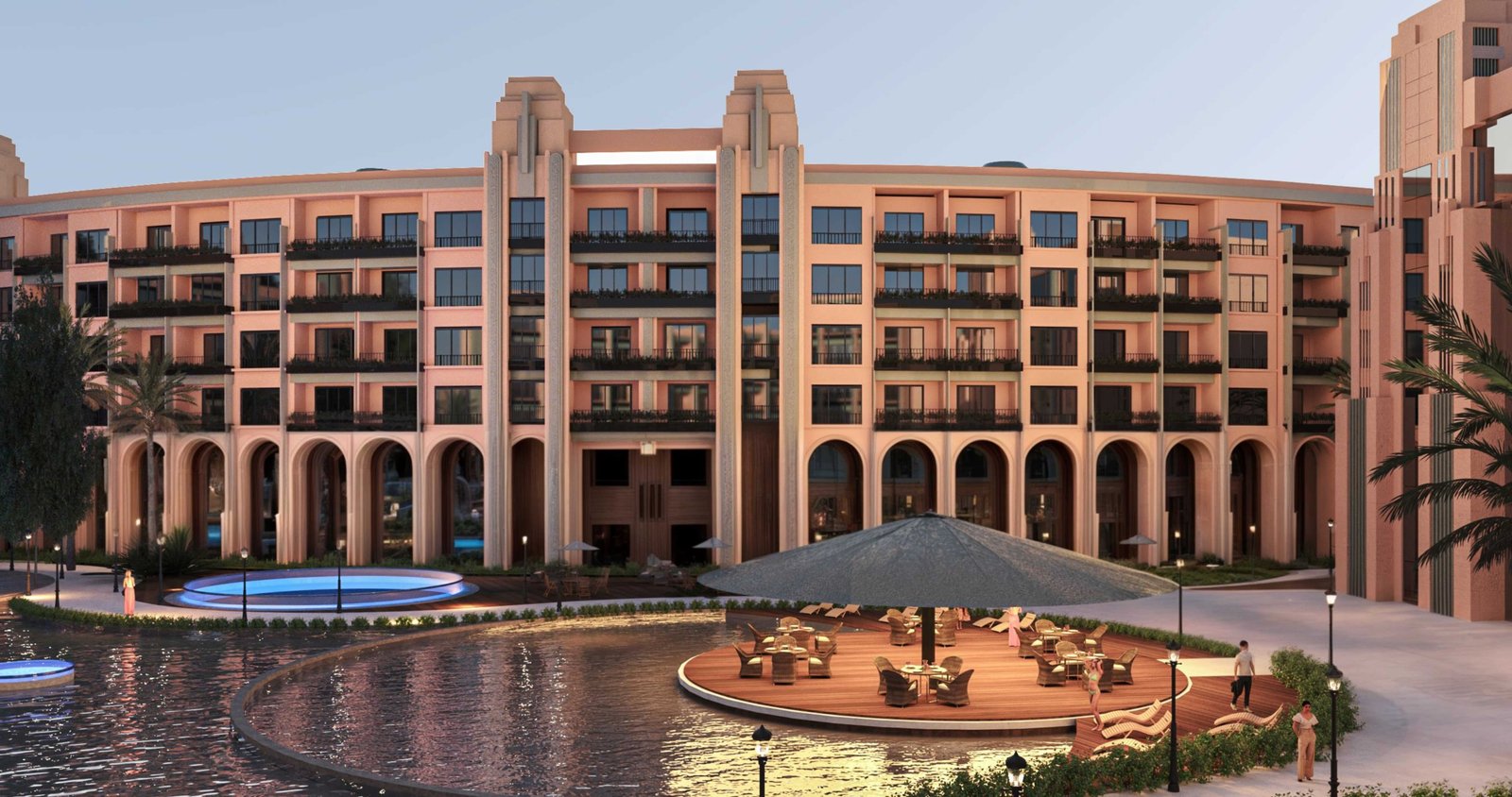 Front view of Atlantis Hurghada with contemporary architecture and modern Red Sea resort design.