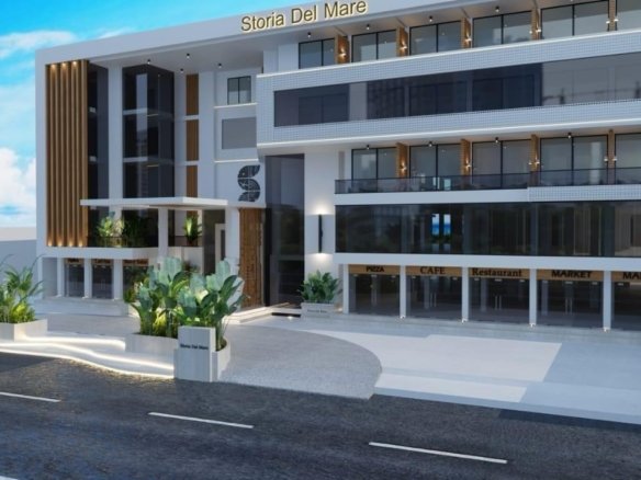 Front view of Storia Del Mare Hurghada featuring elegant modern architecture facing the Red Sea.