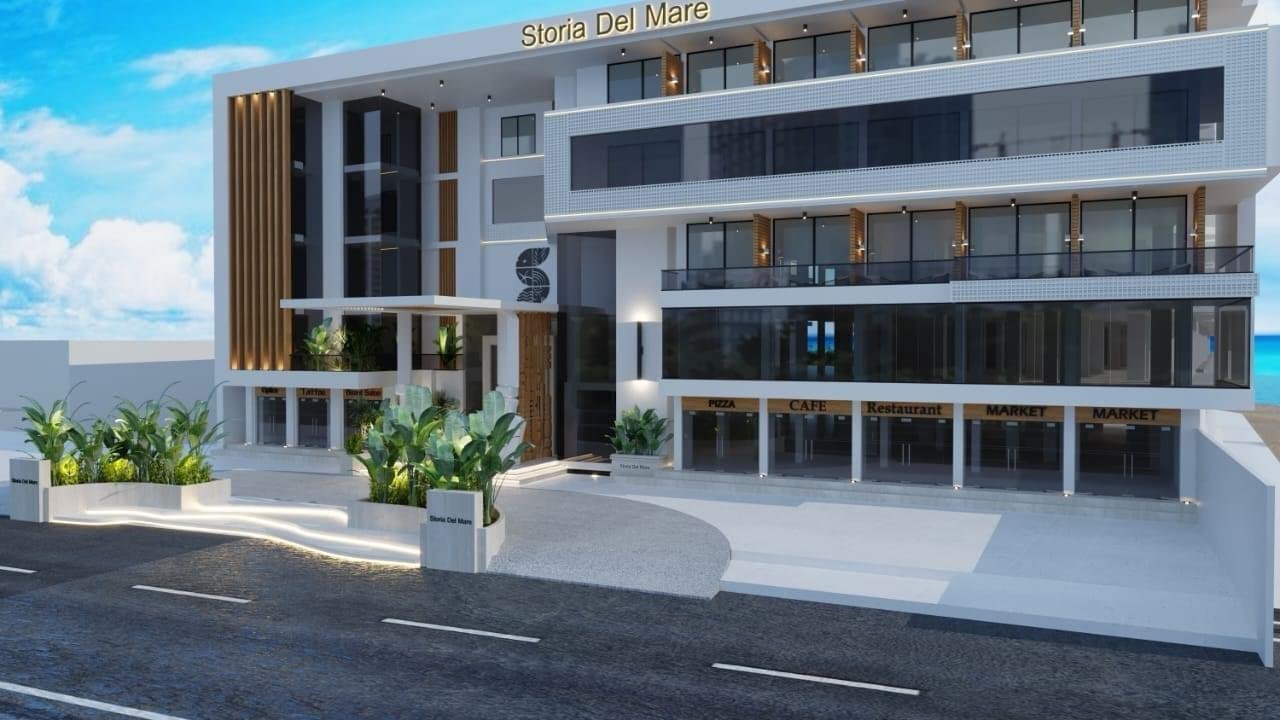 Front view of Storia Del Mare Hurghada featuring elegant modern architecture facing the Red Sea.