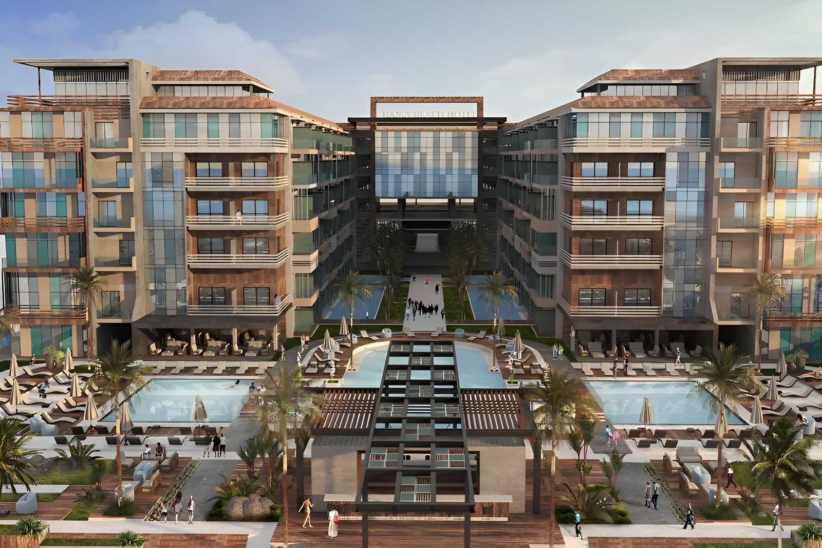 Front view of Oro Beach Resort showcasing elegant modern architecture and luxurious seaside design.