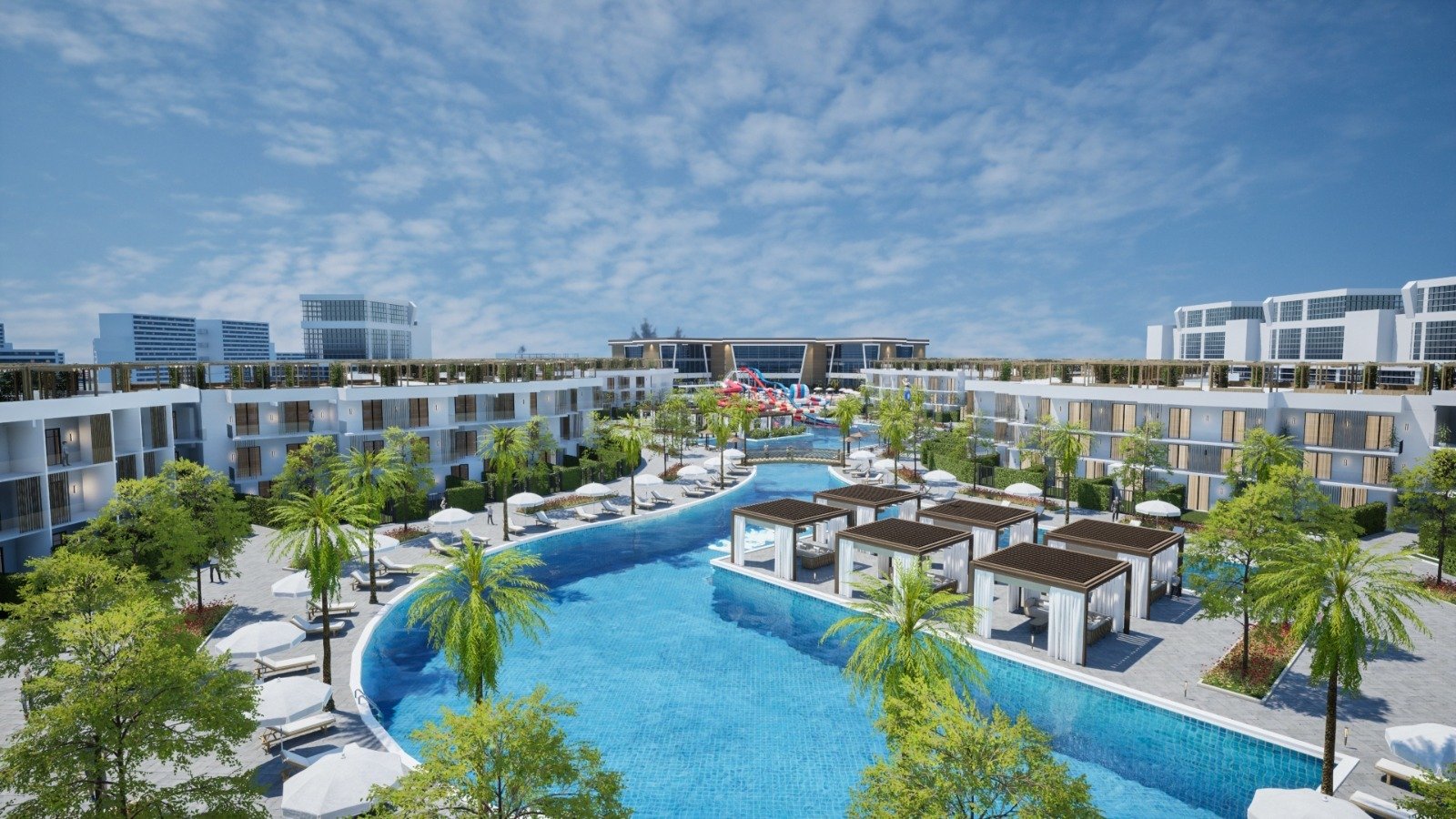 Luxury swimming pool at Holidays Park surrounded by modern architecture and tropical landscaping.