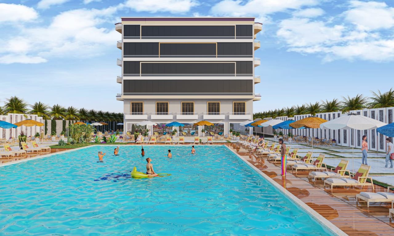 Luxury swimming pool at Lavanda surrounded by elegant architecture and a serene resort atmosphere.