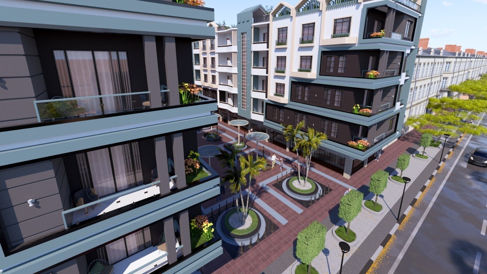 Hurghada Heights – Modern Front View on the Promenade Front view of Hurghada Heights on the Promenade featuring elegant modern design and sea-inspired architecture.
