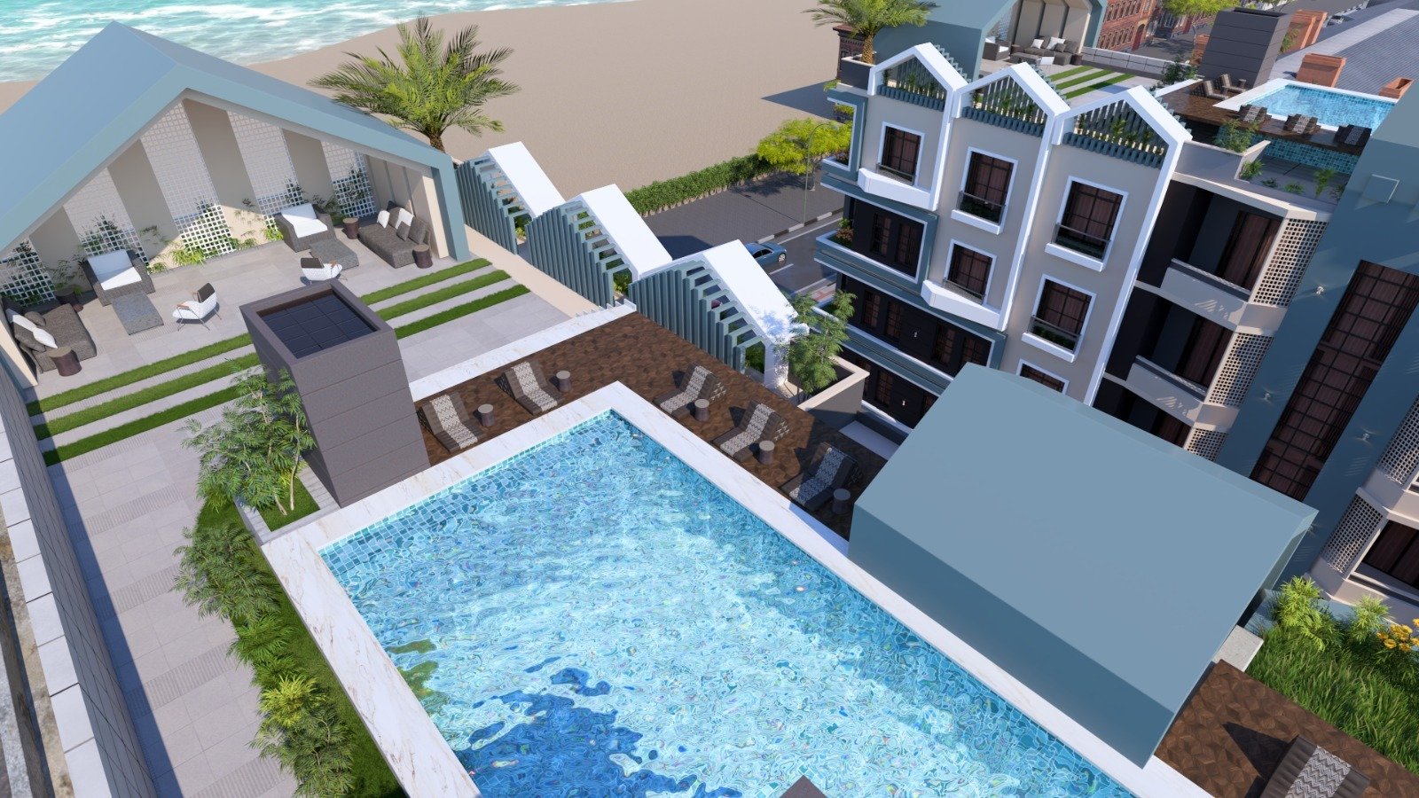 Hurghada Heights – Luxury Pool Area Luxury pool area at Hurghada Heights on the Promenade surrounded by palm trees and sea breeze.