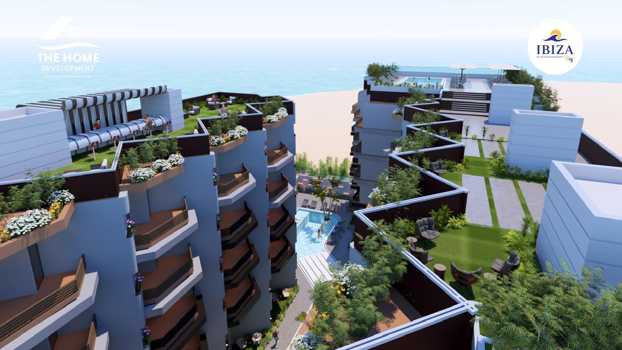 3D render of IBIZA Bay Hurghada lobby with modern decor and seating area.