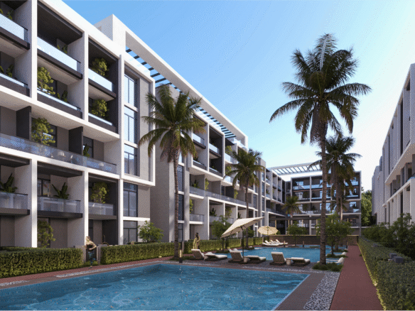 1 bedroom apartment for sale in Clan Residents Hurghada with back view and modern residential design