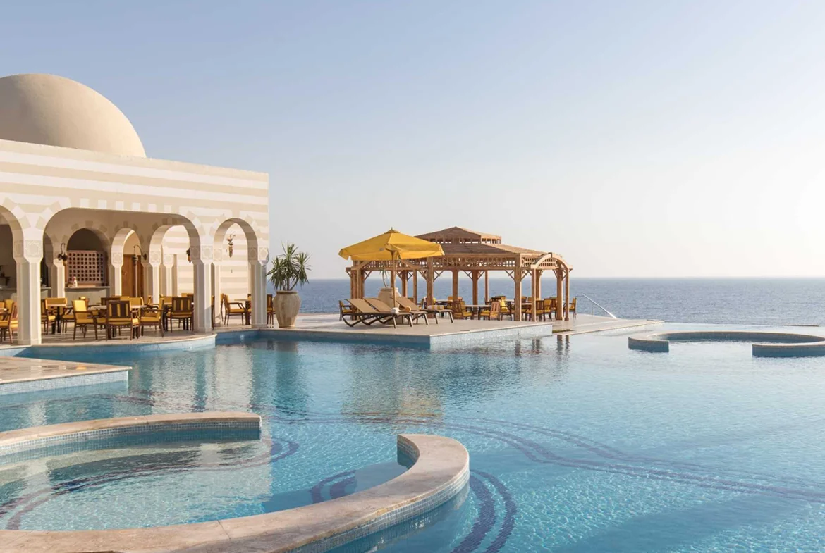 Panoramic view of Sahl Hasheesh Red Sea coastline with luxury resorts and pristine beaches