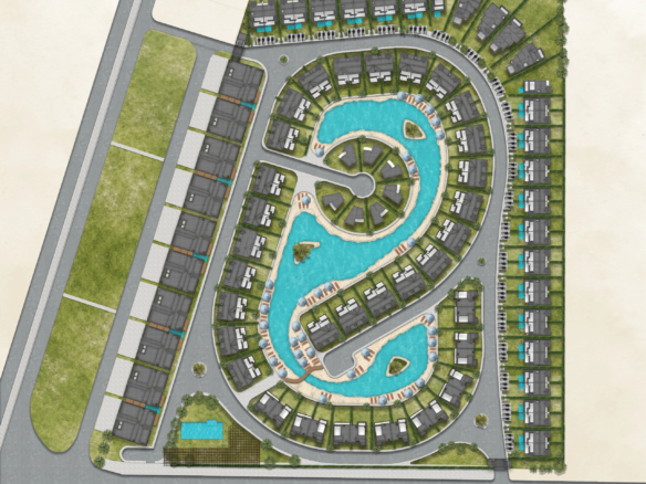 Lavaya Hurghada Residences lagoon view with sandy beach and landscaped areas