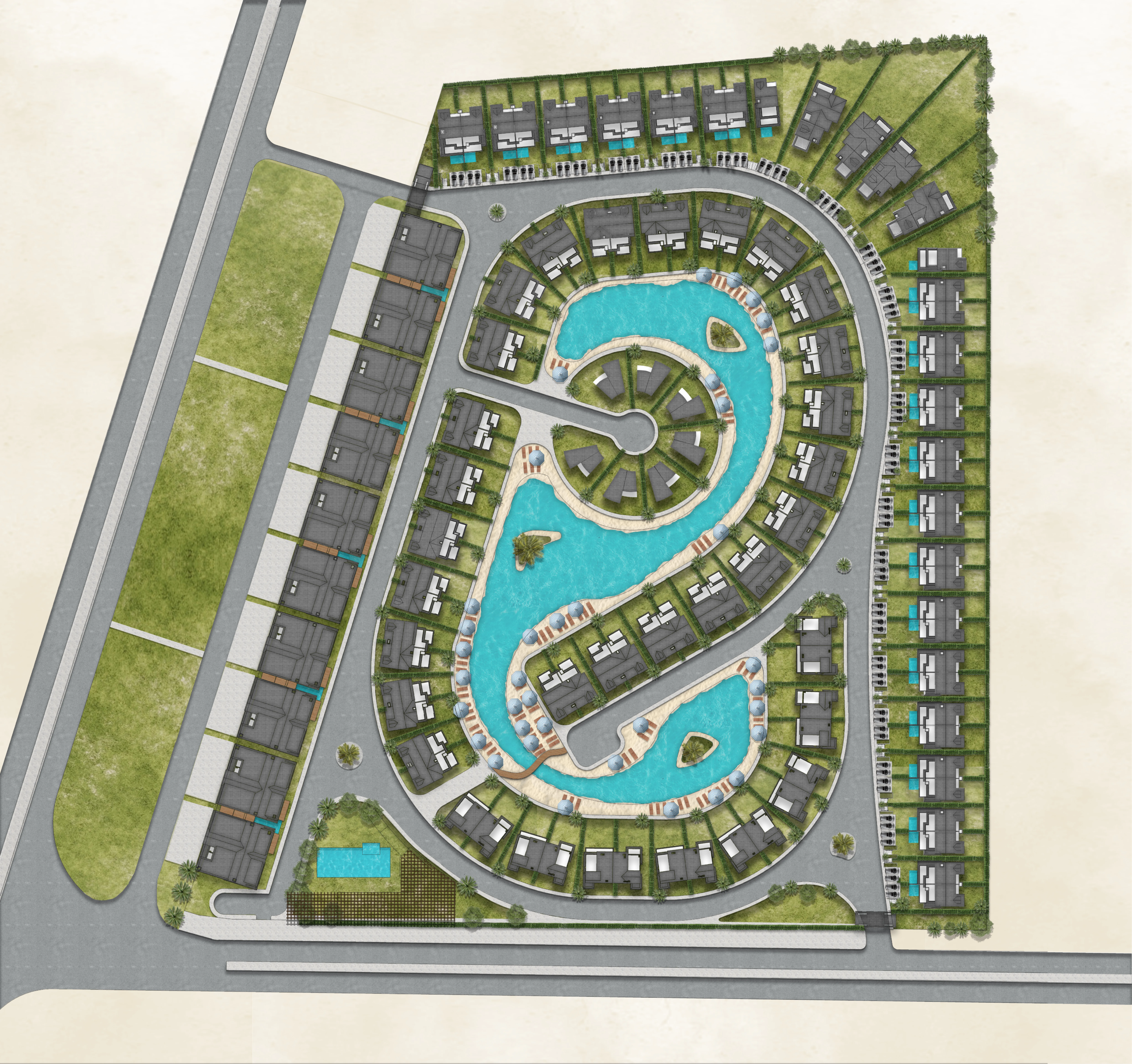Lavaya Hurghada Residences lagoon view with sandy beach and landscaped areas