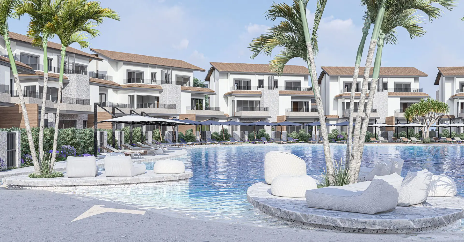 Modern residential buildings overlooking lagoon at Lavaya Hurghada