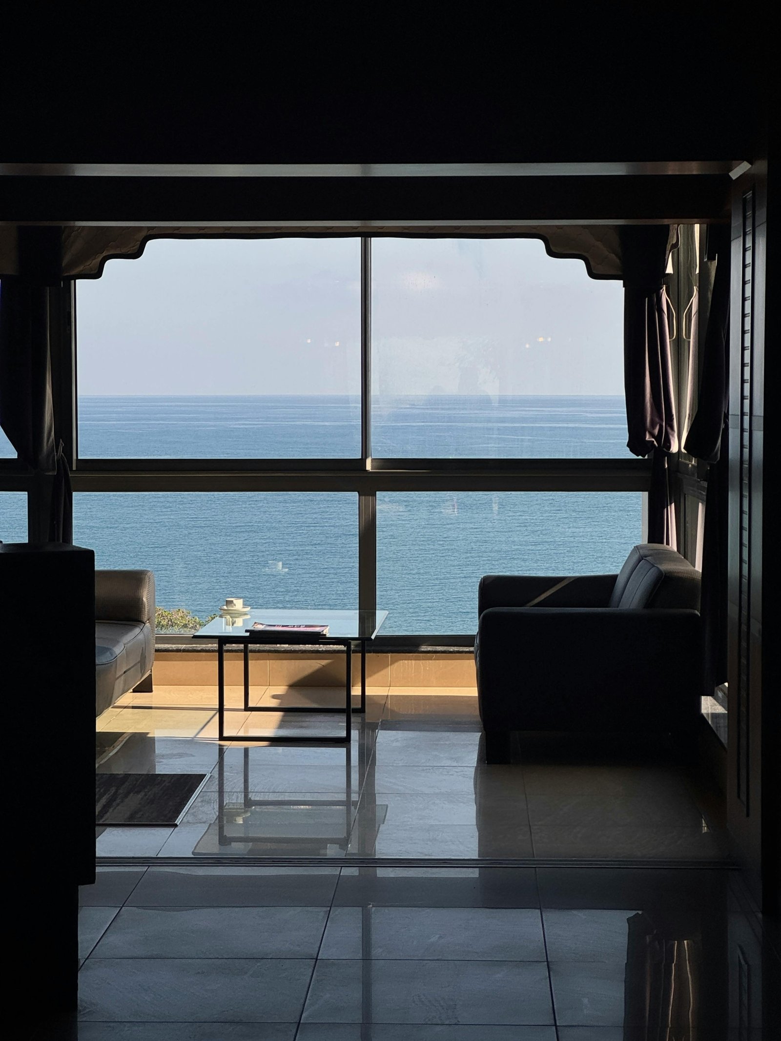Sea view apartment balcony overlooking the Red Sea during sunset