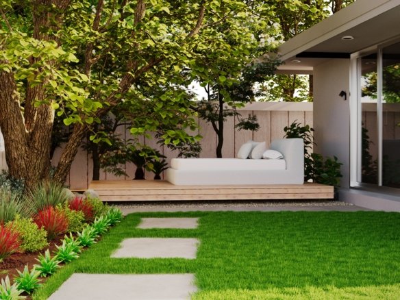 Backyard designed as a resort-inspired retreat with a luxury pool, lounge chairs, tropical landscaping, and elegant outdoor seating.