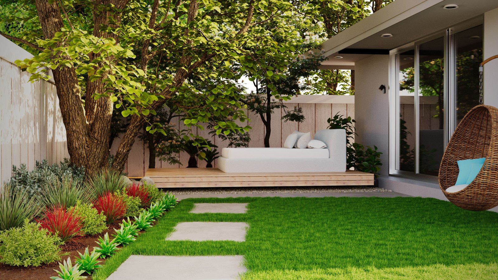 Backyard designed as a resort-inspired retreat with a luxury pool, lounge chairs, tropical landscaping, and elegant outdoor seating.