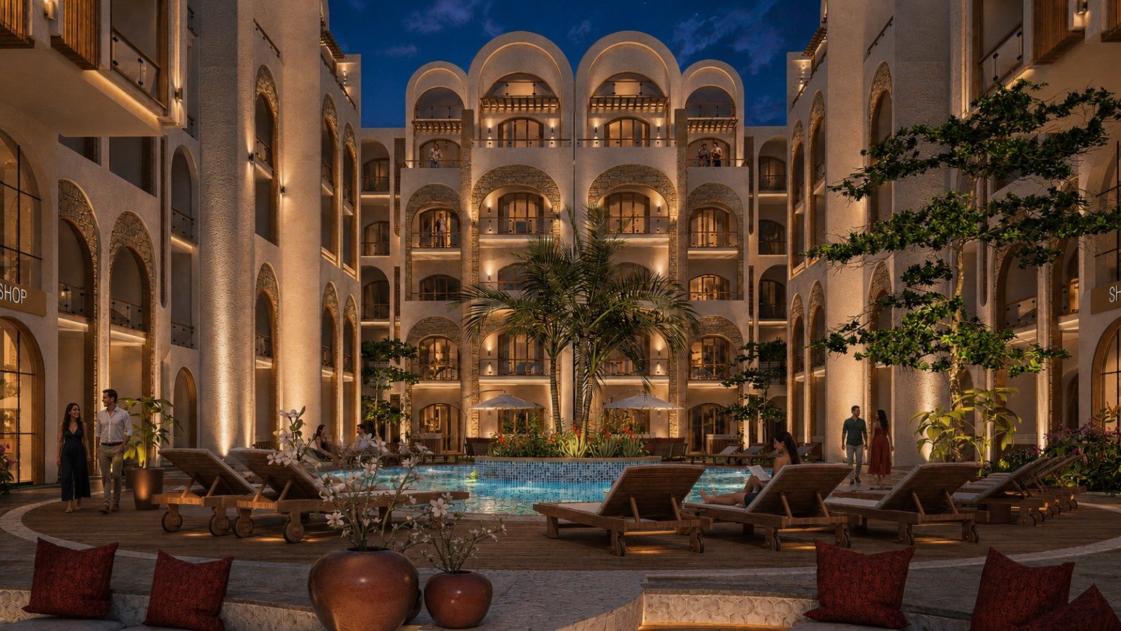 Amarina Soul Magwish Hurghada Red Sea Private balcony view overlooking landscaped pool areas at Amarina Soul Magwish Hurghada.