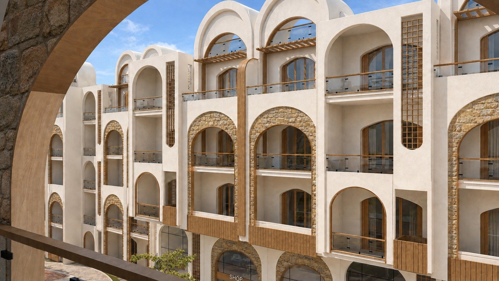 Corner elevation of mixed-use blocks at Amarina Soul Magwish Hurghada.