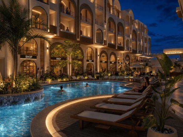 Upper level terraces overlooking the Red Sea at Amarina Soul Magwish Hurghada.