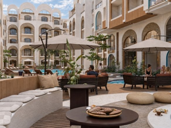 Elegant archways and balconies on sea view apartments for sale in Magwish Hurghada.