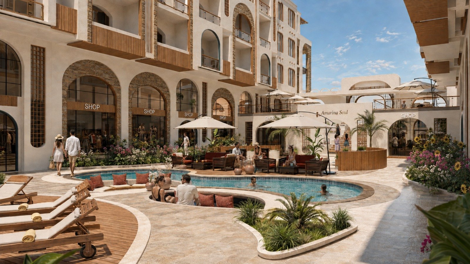 Amarina Soul Magwish Hurghada Front Facade Studio apartment for sale in Amarina Soul Magawish Hurghada Exterior front facade of Amarina Soul Magwish Hurghada featuring modern architecture and commercial units.