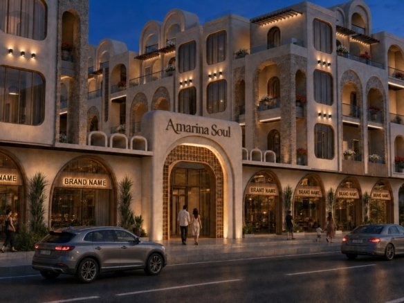 Warm evening lighting at the main entrance of Amarina Soul Magwish Hurghada.