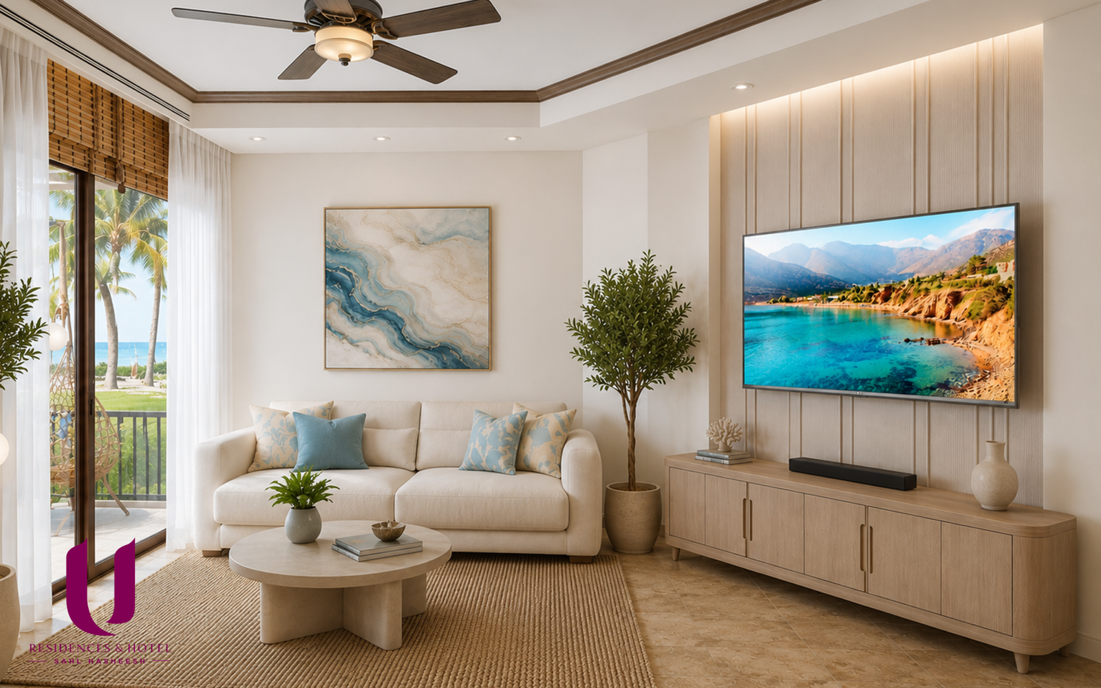 أي تقسيم عقاري يحقق أعلى نسبة إشغال في الأحياء بالغردقة؟ Modern 2-bedroom branded duplex living room with sea views at U Residences Sahl Hasheesh