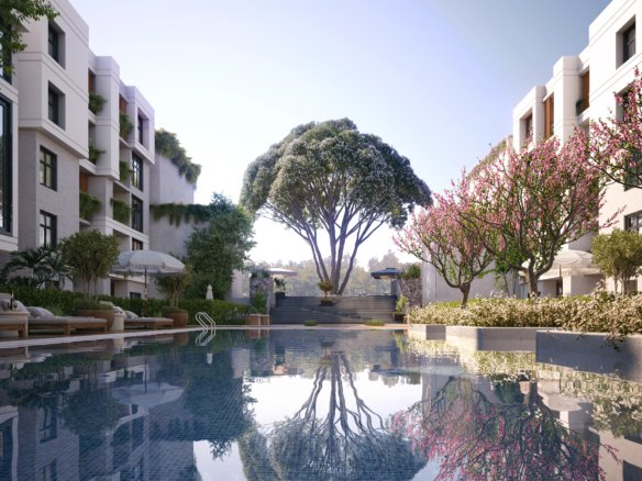 2 Bedroom apartment for sale in Platinum Resort Hurghada Double-height modern reception lobby with marble finishes and 24-hour concierge desk.