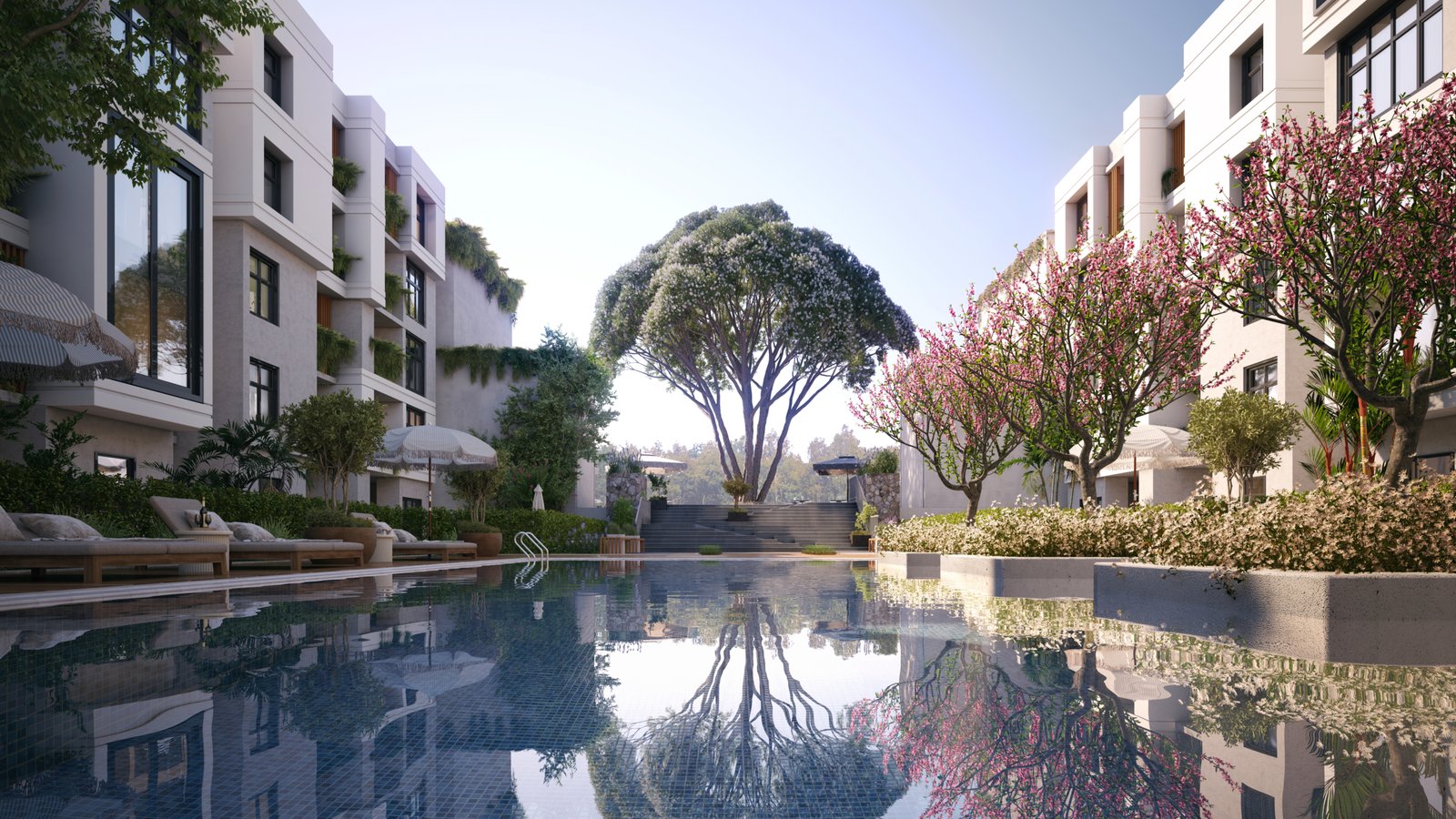 2 Bedroom apartment for sale in Platinum Resort Hurghada Double-height modern reception lobby with marble finishes and 24-hour concierge desk.