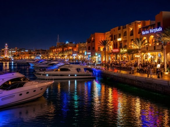Traditional Nubian-style open-air pedestrian plaza with outdoor cafes and retail shops in Downtown El Gouna