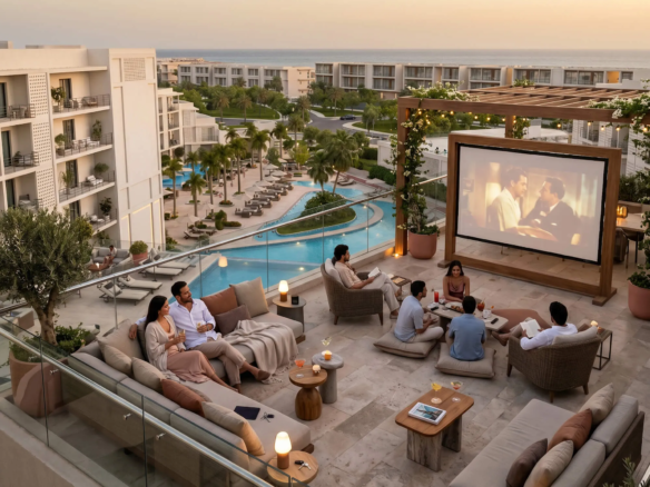 Open-air rooftop terrace with a grill station and seating area for social gatherings at ALDAU Penta