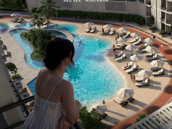 Architectural perspective and tiered balconies of ALDAU Penta known as the Red Sea new icon
